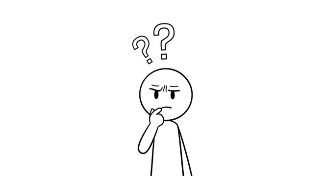 A puzzled figure with a thoughtful expression and question marks above, contemplating an idea in a simple illustration