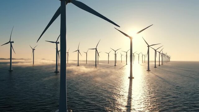 Wind turbines rotating in the ocean at sunrise, casting long shadows on the water surface, with a clear sky and distant land visible on the horizon