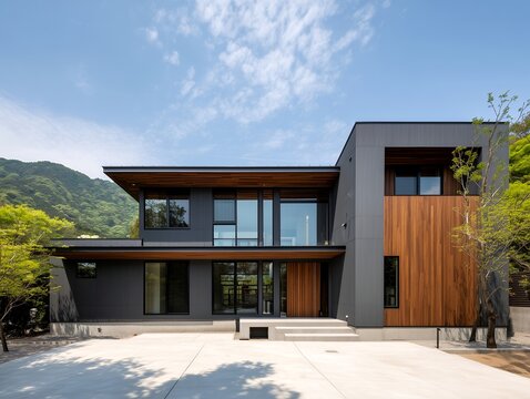 山々を背に佇む高級感のあるモダンなデザインと木目が調和した二階建て住宅の外観写真