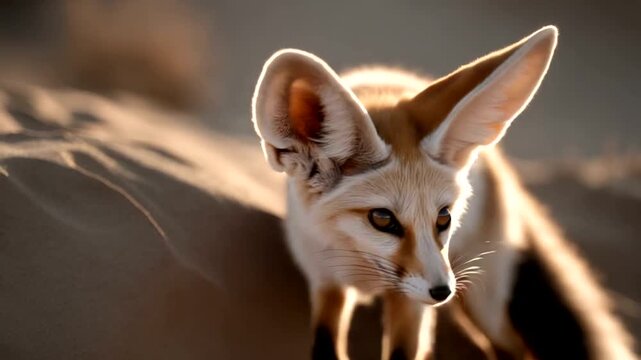 Fennec fox exploring sandy desert landscape at sunset