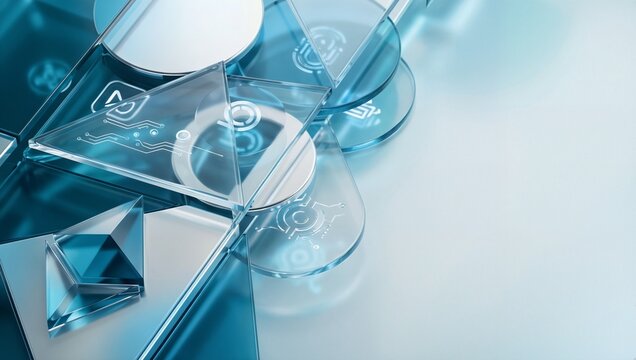 투명한 유리 조각과 디지털 회로 요소들이 어우러져 미래 기술의 개념을 시각화하는 추상적인 배경입니다.