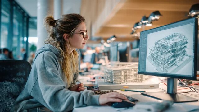 Architectural Design Process: A focused professional, deeply engrossed in her work, meticulously reviews a complex architectural design on her computer screen.