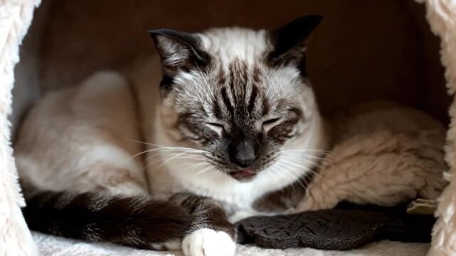 A seal point cat rests in its fluffy bed, gazing directly at the viewer with bright blue eyes