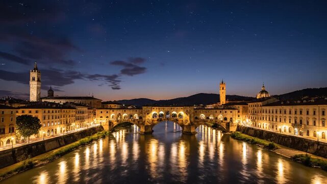 Historic stone bridge over Arno River in Florence at sunset