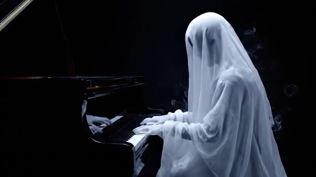 A sheet-covered figure, likely a ghost, plays a piano in a dark, moody environment