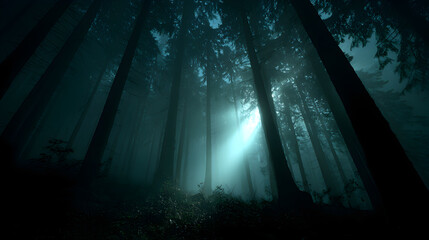 Obraz premium Ethereal moonbeams piercing through a dense, dark coniferous forest at night