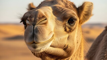 Close up portrait of a camel in desert environment with warm sunlight