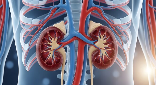 Human Kidney Anatomy Illustration with Blood Vessels and Circulatory System Detail