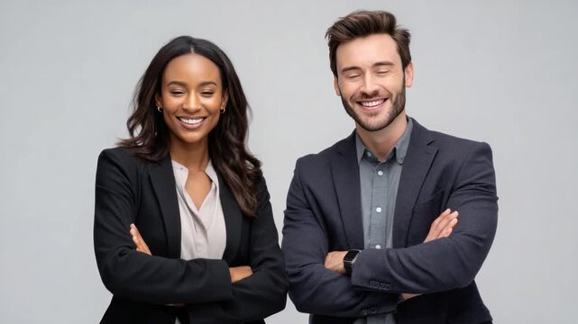 Professional Duo: A portrait of a diverse, confident professional pair, arms crossed and exuding an air of collaboration and capability, ready to tackle any challenge.