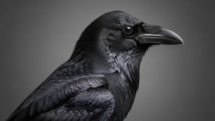 Fototapeta premium Close up portrait of a dark raven against a neutral gray background