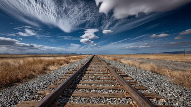 Expansive Railway Track Stretching into the Horizon under a Vibrant Blue Sky with Wispy Clouds Surrounded by Golden Grass Fields