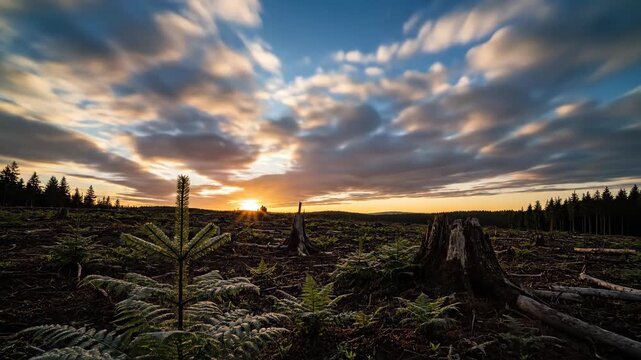 Lush green ferns and tree stumps in a deforested area under a bright sky transitioning to a vibrant sunset with colorful clouds in the background