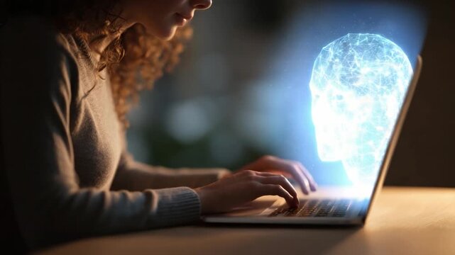 Digital Exploration: A woman intently focused, illuminated by a glowing hologram of a brain displayed on a laptop screen, symbolizing the nexus of technology and intellect.
