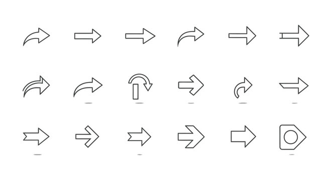 collection of modern line art arrow icons for user interface and web design representing direction navigation and next steps