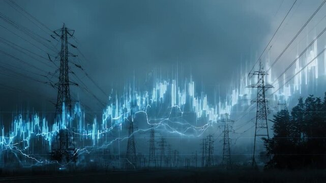 Electric Symphony: A dramatic depiction of power lines silhouetted against a stormy sky, interwoven with an intricate display of electrical energy, suggesting the dynamic flow of power.
