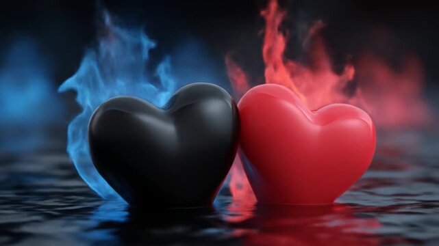Two hearts symbolizing opposites red and black with smoke effects