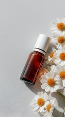 Generative AI, Amber glass bottle and daisy flowers with large copy space