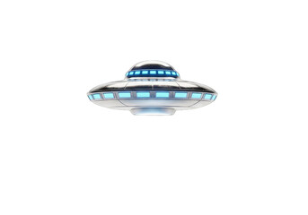 Shiny silver UFO flying through the sky with blue lights