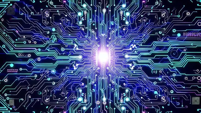 a dynamic high tech 4k animation showcasing glowing digital motherboard pulsing components holographic code displays representing futuristic computing cutting edge