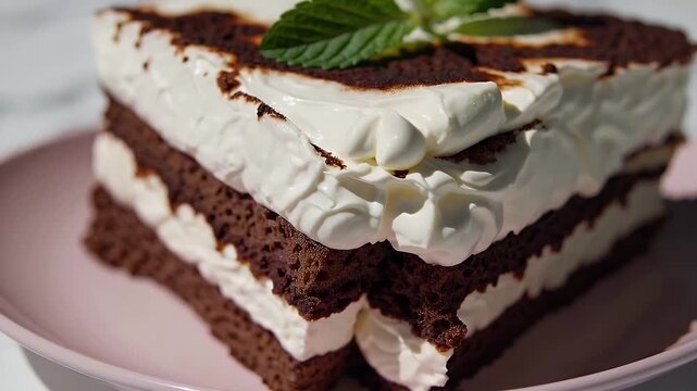 Relish sumptuous detail handmade tiramisu slice elegantly plated blush porcelain over white Carrara marble distinct espresso soaked layers airy mascarpone cocoa dust glisten beneath natural daylight