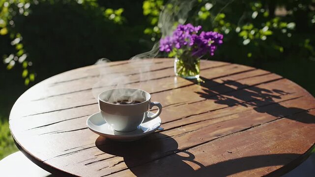 Outdoor bistro table hosts aromatic cappuccino steaming beside lilac blossoms dappled sunlight producing cinematic lens flares 4 K scene radiates morning calm ideal coffee brand adverts mindfulness