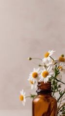 Generative AI, Amber glass bottle and daisy flowers with large copy space
