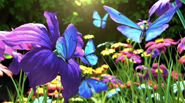 Delightful 2D cartoon animation vibrant blue butterflies fluttering gracefully through whimsical garden filled blooming flowers captured enchanting 4K loop that radiates charm natural