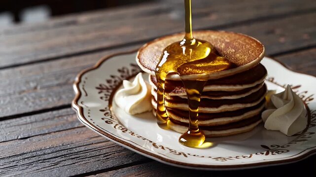 Syrup glazed pancake stack crowned honeycomb drizzle whipped cream slowly rotates rustic plate cinnamon dust falling slow mo sumptuous UHD food footage appetises breakfast themed adverts cooking