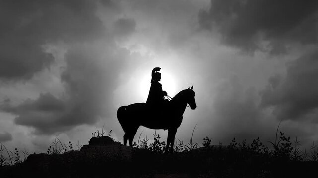 Ancient Macedonian Conqueror on Horse at Dusk