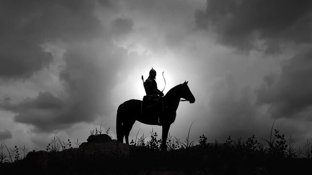Nomadic Hun Warlord on Horse at Dusk