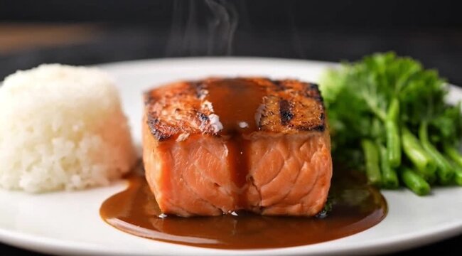 The process of flipping salmon on a hot teflon pan, detailed sizzling sound, slow motion.