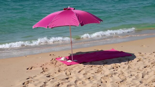 animated summer beach scene showing pink umbrella matching towel placed golden sands beside turquoise waves gently lapping shore seamless video high quality video 4K loop perfect vacation