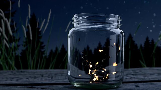 enchanting 4K footage glowing fireflies emerging from jar night against natural background creating magical atmosphere filled wonder imagination soft sparkling