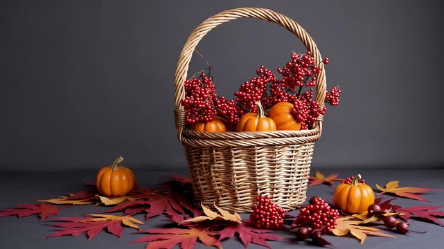 rotating 4K stop motion flat lay animation autumn pumpkins berries leaves over dark grey surface ideal seasonal visuals harvest celebrations Thanksgiving themed