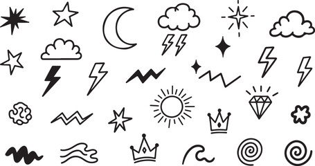 A collection of various weather and nature icons in a simple black and white design isolated on transparent background