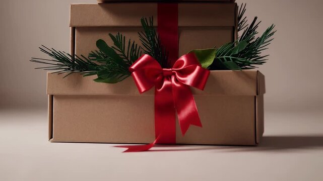 this 4K vertical animation features three brown gift boxes stacked neatly each adorned bright red bows leafy accents creating festive joyful holiday themed