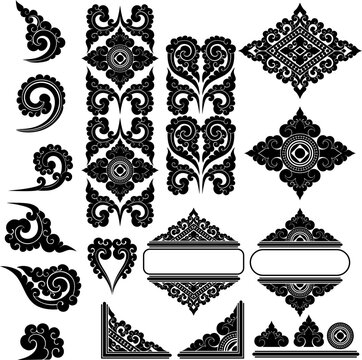 Thai Dvaravati Traditional Ornament Vector Elements Set for Decorative Design Prefer Floral Motifs and Vintage Frames