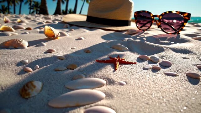 a beautiful 4K travel themed animation showcasing sandy beach sea star vacation essentials like sunglasses sunhat evoking relaxing summer holiday vibe