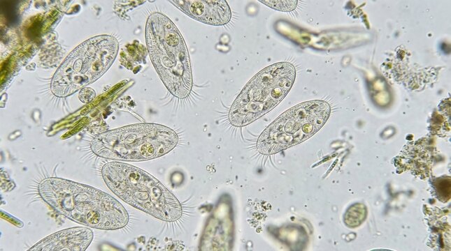 Microscopic Paramecia Swimming in Aquatic Environment