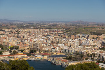 Fototapeta premium A panoramic view of Cartagena in Spain showcasing its vibrant urban landscape, historic architecture, and coastal charm with a focus on tourism and heritage preservation