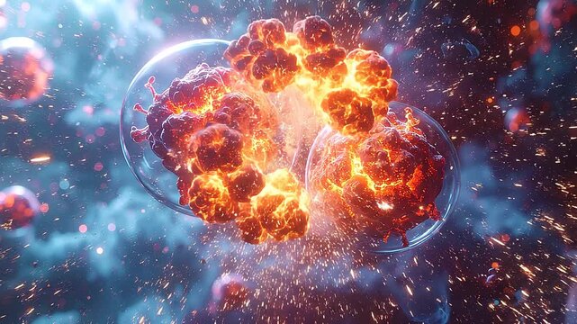 atomi di materia ed antimateria di fantasia che si scontrano emettendo esplosioni e fumo, rimbalzano e si allontanano, in uno spazio cosmico e primordiale in formazione