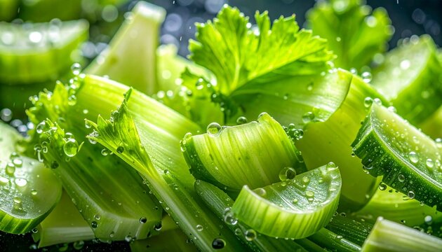 Fresh celery slices with water droplets macro close-up