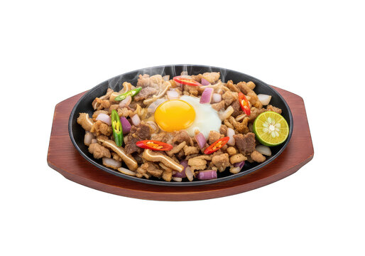 Sizzling sisig dish with egg and vegetables on a hot skillet