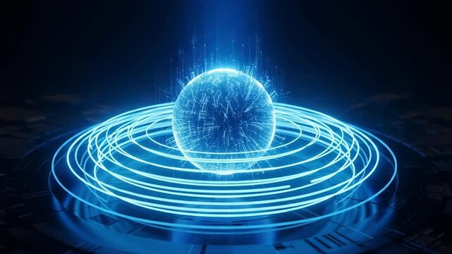 Digital energy orb levitating above glowing circular rings in a dark abstract space to represent high tech computing power.