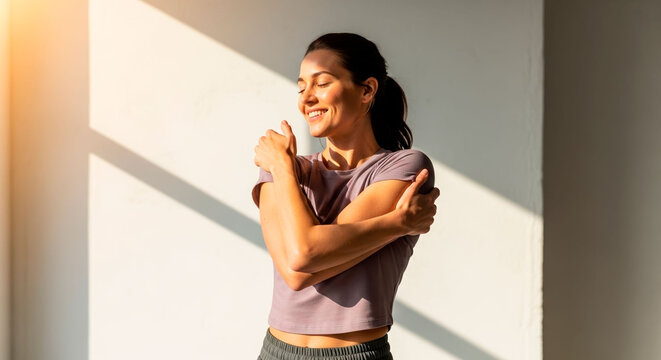 Woman crossing arms for shoulder stretch Female performing upper body flexibility exercise indoors in sunlight. Used for fitness training guides, physiotherapy content and healthy lifestyle promotion.