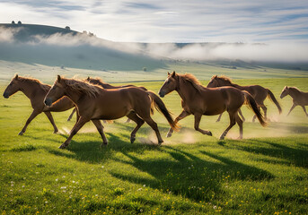 Brown horses running in green field