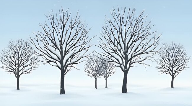 Winter scene with bare trees standing in snow against a light blue sky