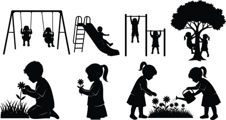Black silhouette collection of children playing on playground equipment, swings, slide, monkey bars, climbing trees, gardening, and watering flowers outdoors. © Shahanaj
