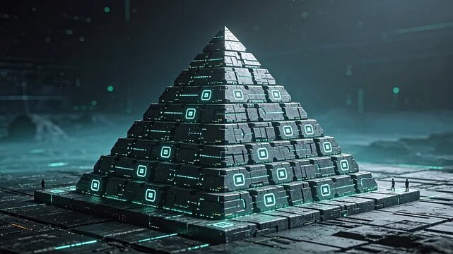 Futuristic pyramid structure with glowing lights