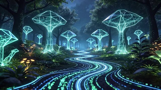 Glowing geometric forest path